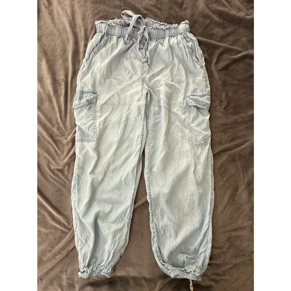 AERIE Womens Pants Medium Light Blue Chambray Cargo Jogger Drawstring Baggy Boho - Picture 1 of 11